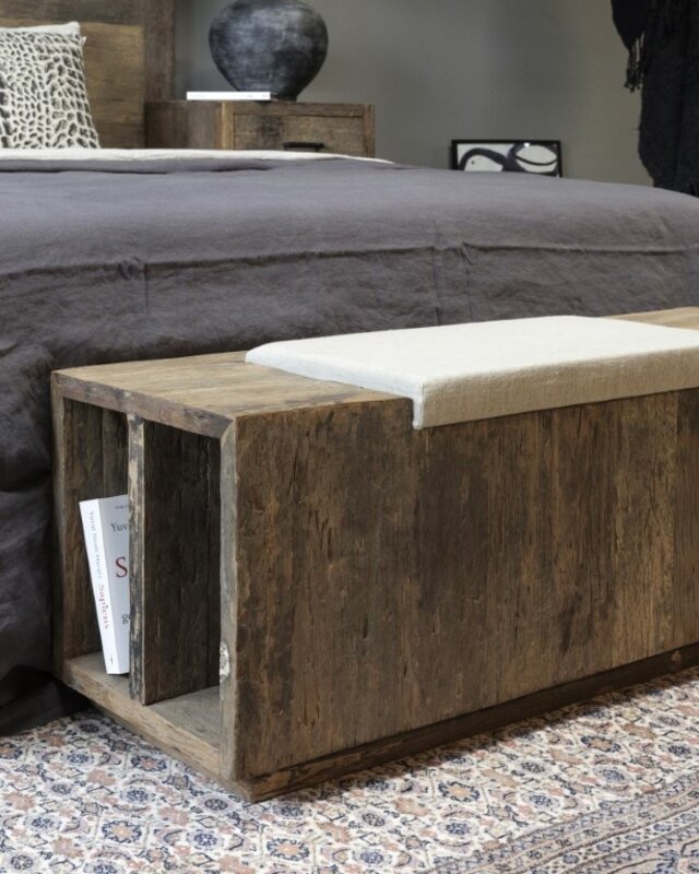 Be-Uniq Houten Bedbak/Kist | Linnen Zitting | H45 x B120 x D40 cm