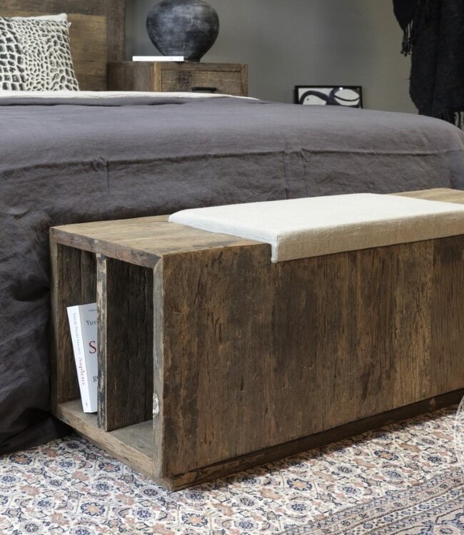 Be-Uniq Houten Bedbak/Kist | Linnen Zitting | H45 x B120 x D40 cm