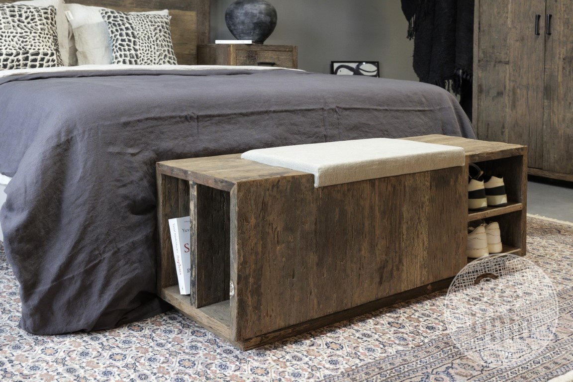 Be-Uniq Houten Bedbak/Kist | Linnen Zitting | H45 x B120 x D40 cm