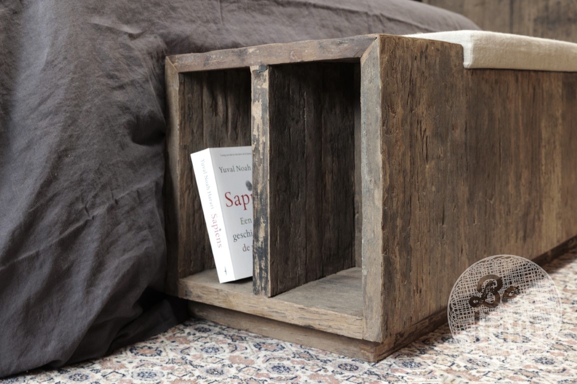 Be-Uniq Houten Bedbak/Kist | Linnen Zitting | H45 x B120 x D40 cm