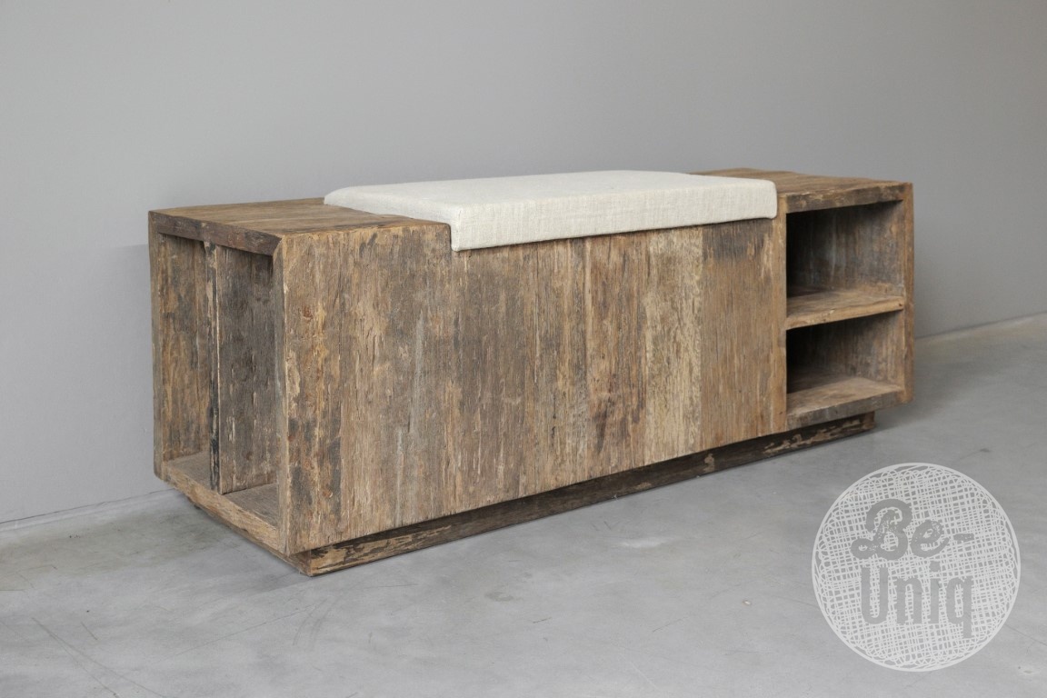 Be-Uniq Houten Bedbak/Kist | Linnen Zitting | H45 x B120 x D40 cm
