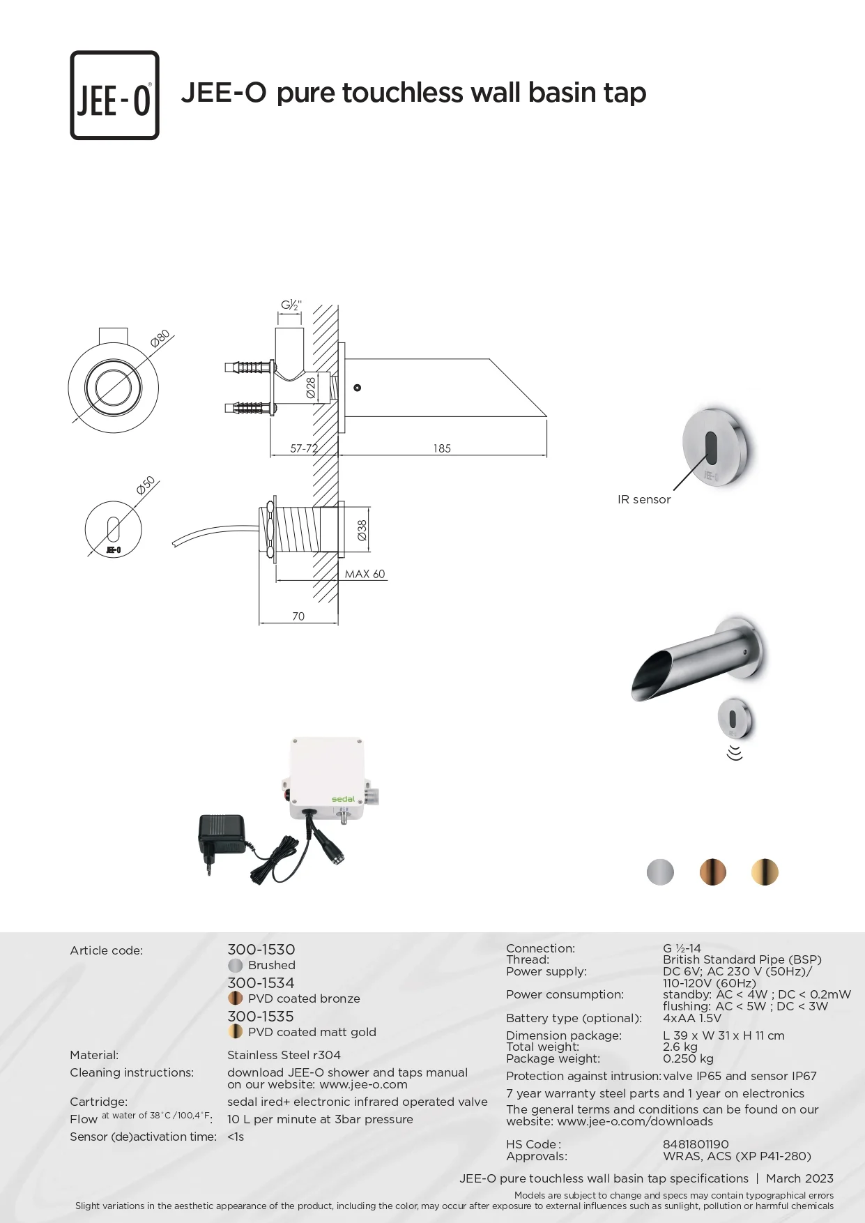 JEE-O Pure Wand Sensor Kraan | Meerdere Kleuren