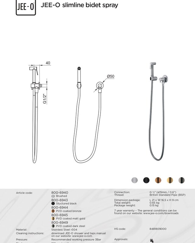 JEE-O Slimline Bidet Sproeier | Meerdere Kleuren