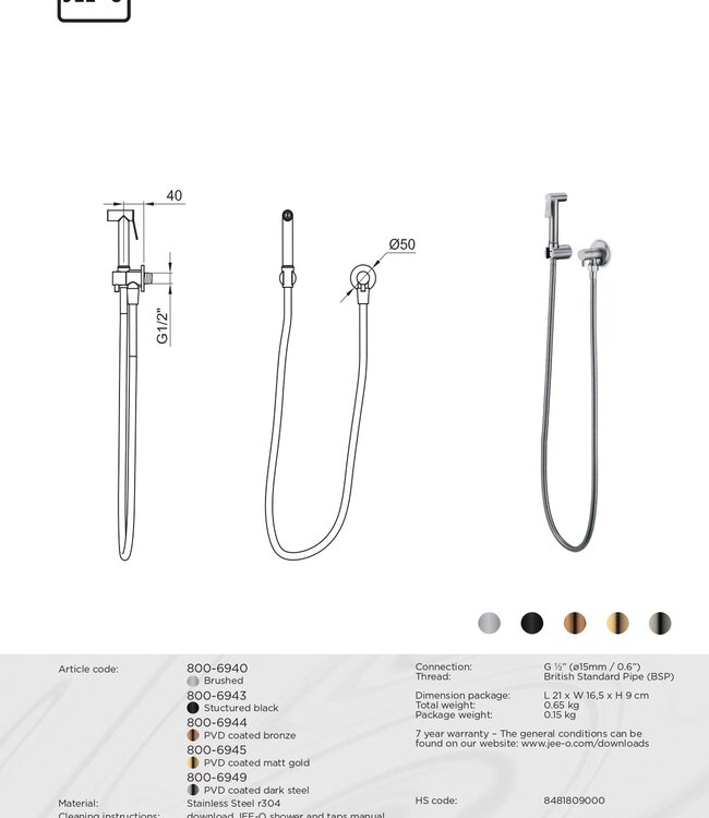 JEE-O Slimline Bidet Sproeier | Meerdere Kleuren