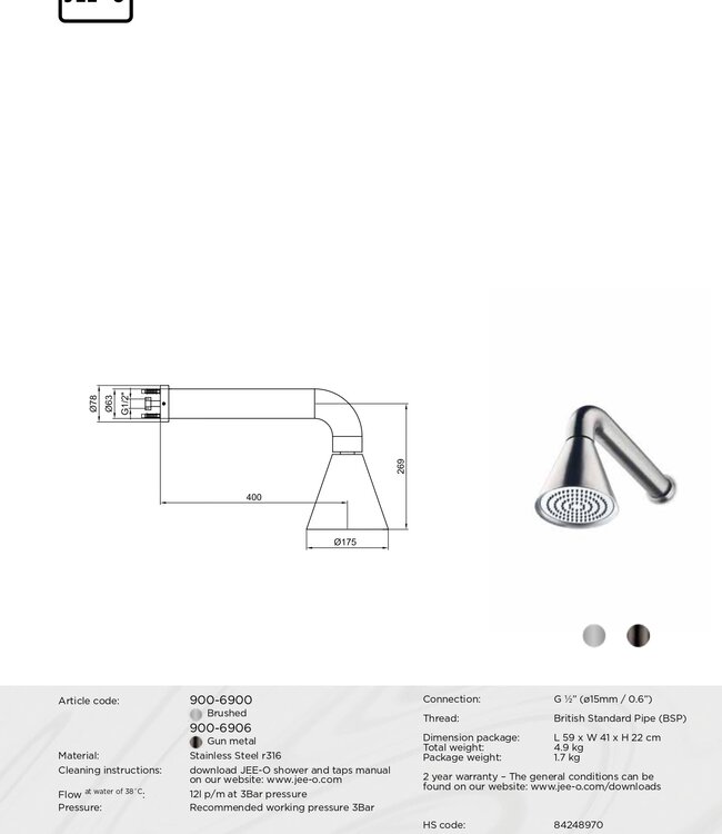 JEE-O Cone Wanddouche | RVS | 2 Kleuren