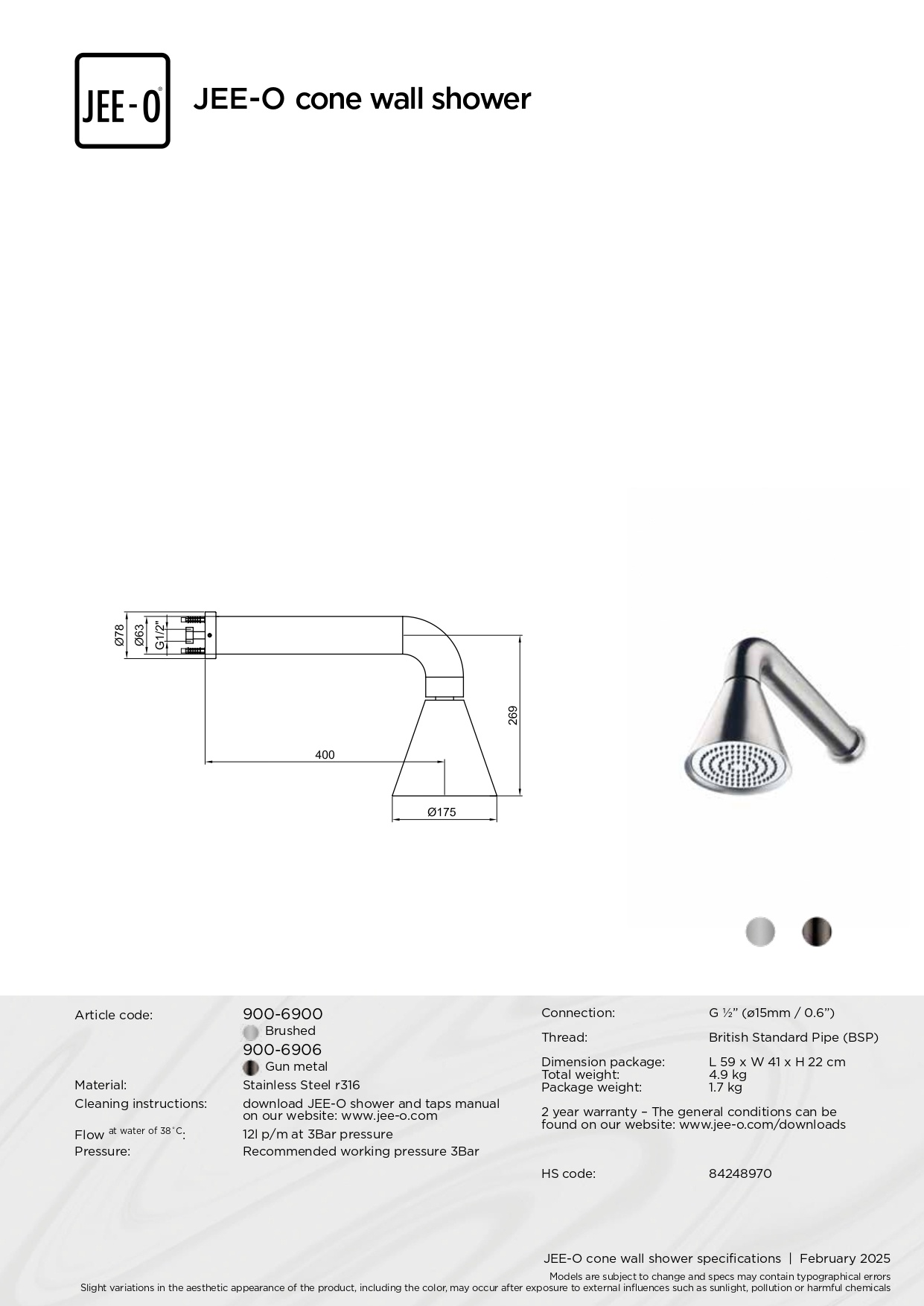 JEE-O Cone Wanddouche | RVS | 2 Kleuren