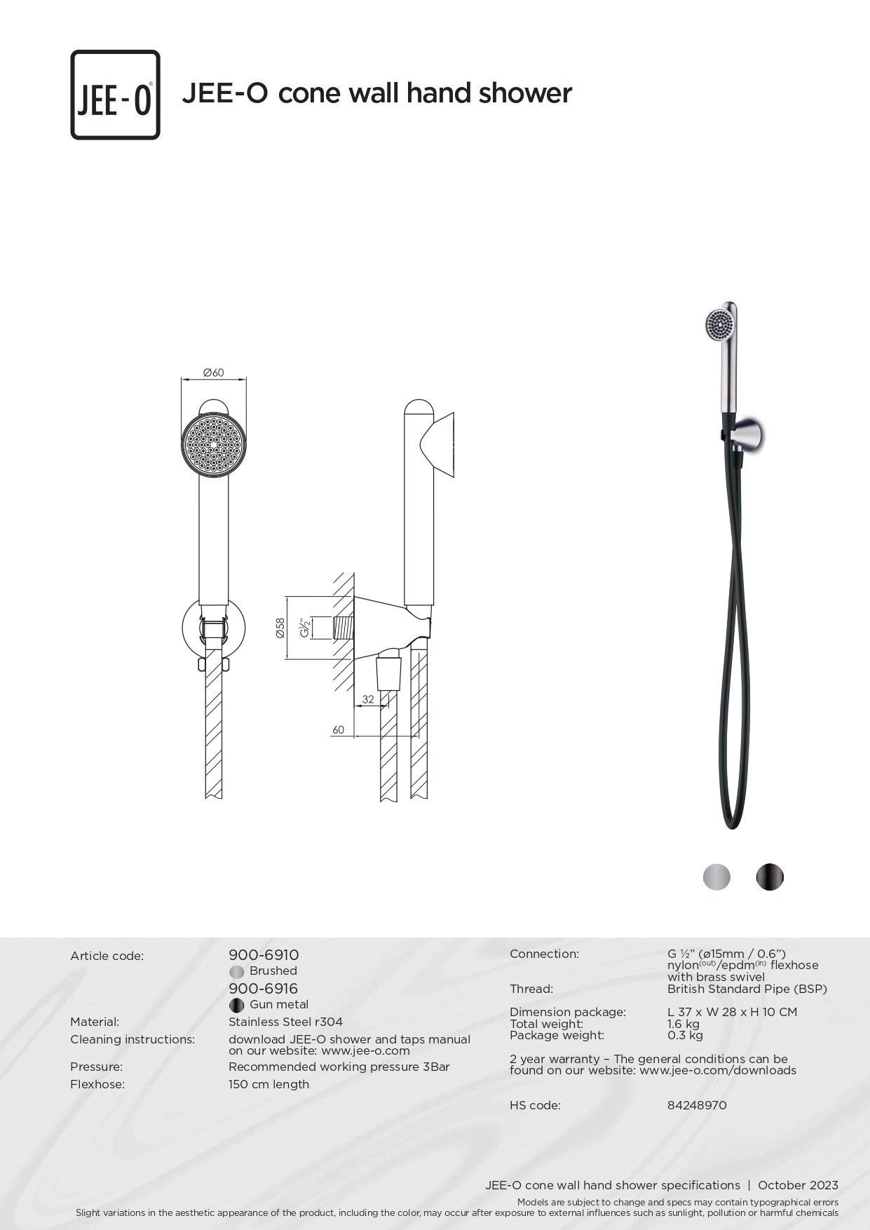 JEE-O Cone Wand Handdouche | RVS | 2 Kleuren