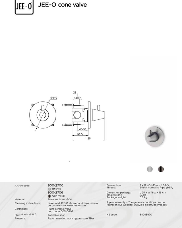 JEE-O Cone Wand Inbouw Stopkraan | RVS | 2 Kleuren