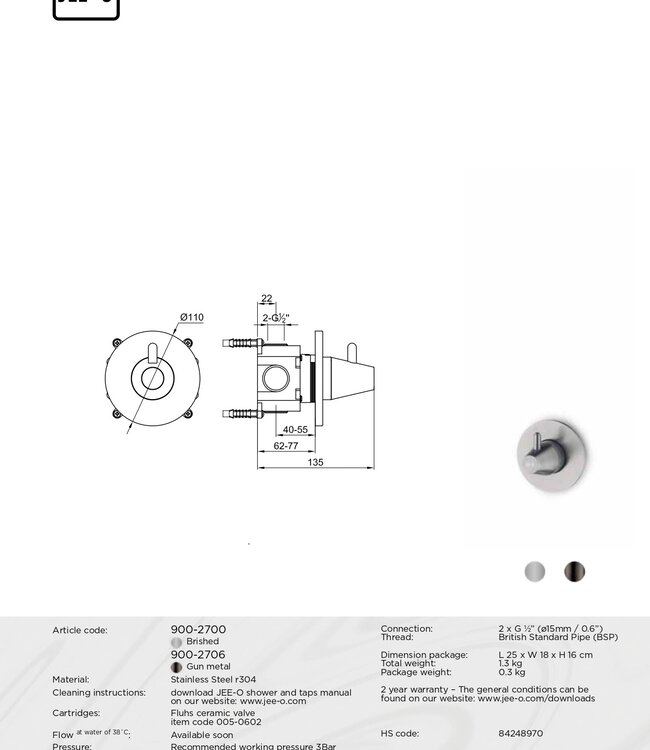 JEE-O Cone Wand Inbouw Stopkraan | RVS | 2 Kleuren