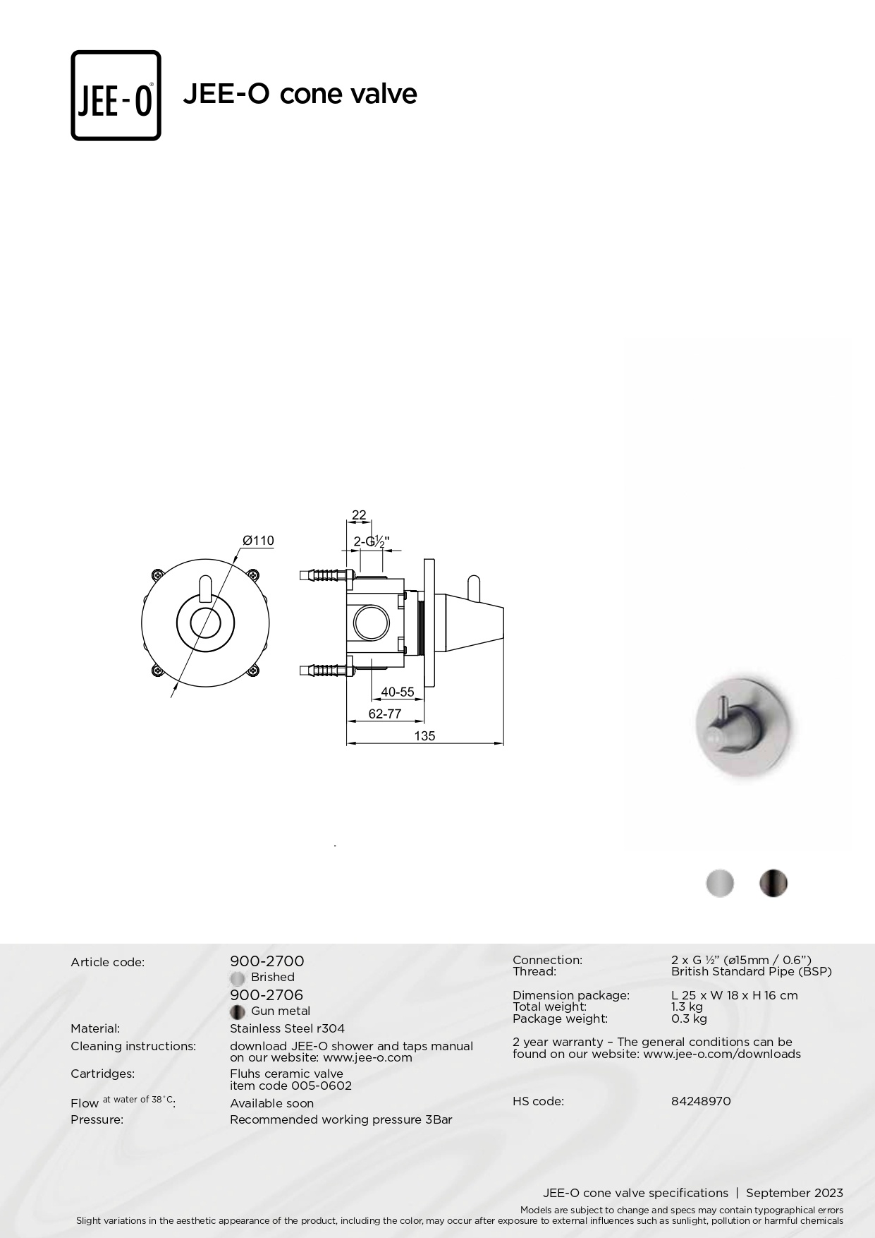 JEE-O Cone Wand Inbouw Stopkraan | RVS | 2 Kleuren