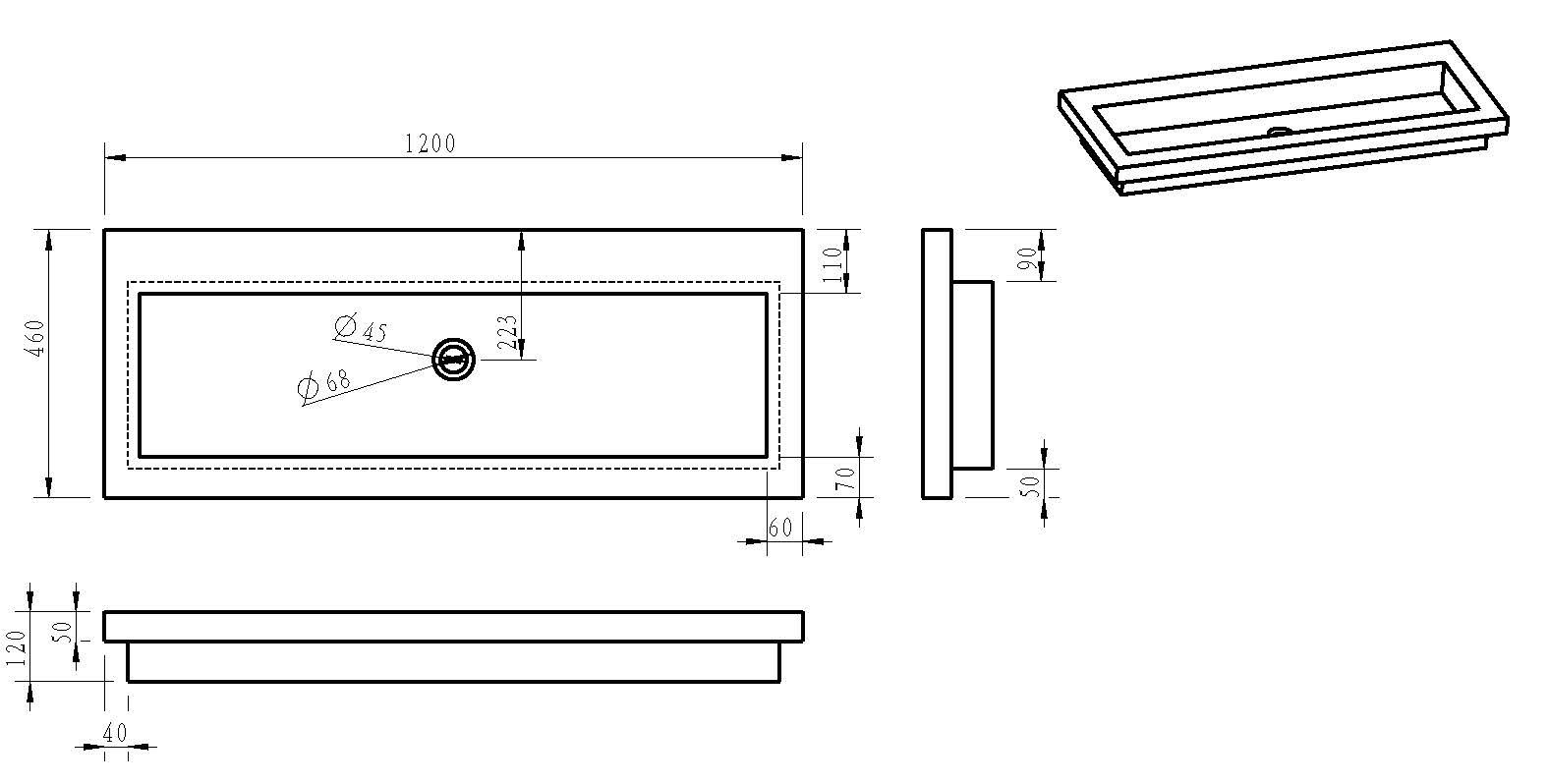 Wiesbaden Raw Wastafel | Enkel | Zonder Kraangat | 120x46x5 cm