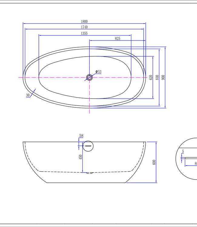 Wiesbaden Vrijstaand Bad Ellips 180 x 90 x 60 cm Acryl Glans Wit Met Waste Glans Wit