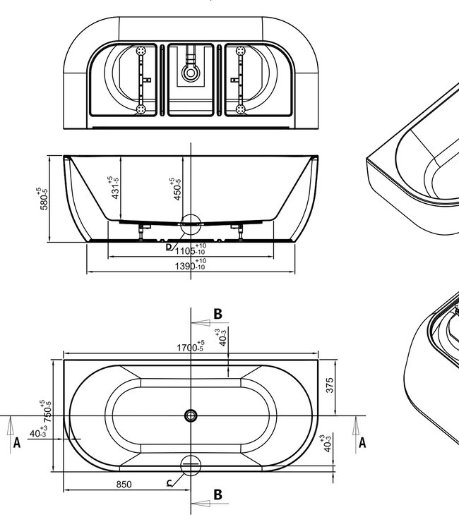 Wiesbaden Liora Half Vrijstaand Ligbad | 170 x 75 cm | Glans Wit