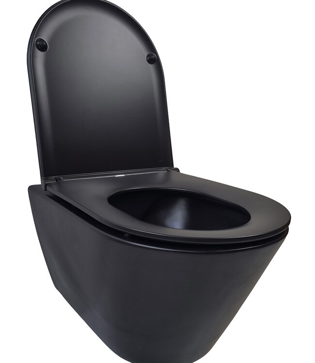 Wiesbaden Wandcloset Stereo Rimless Wiesbaden Met Flatline Toiletzitting Softclose En Quick Release Mat Zwart
