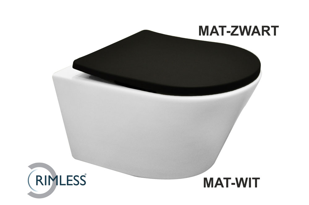 Wiesbaden Wandcloset Vesta Wiesbaden Diepspoel Rimless Mat Wit incl. Flatline Zitting Mat Zwart