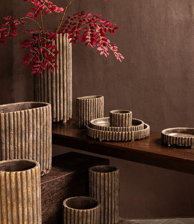 PTMD Morganne Brown ronde cementen pot geribbeld hoog M