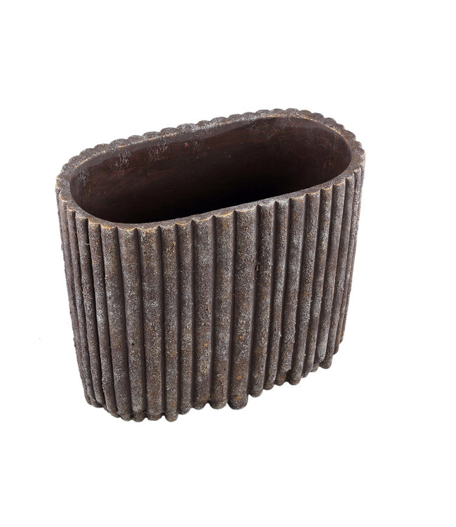 PTMD Morganne Brown ovale cementen pot met geribbelde lijnen.