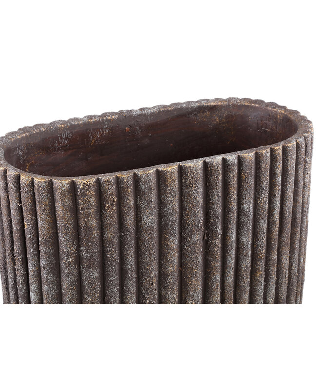 PTMD Morganne Brown ovale cementen pot met geribbelde lijnen.