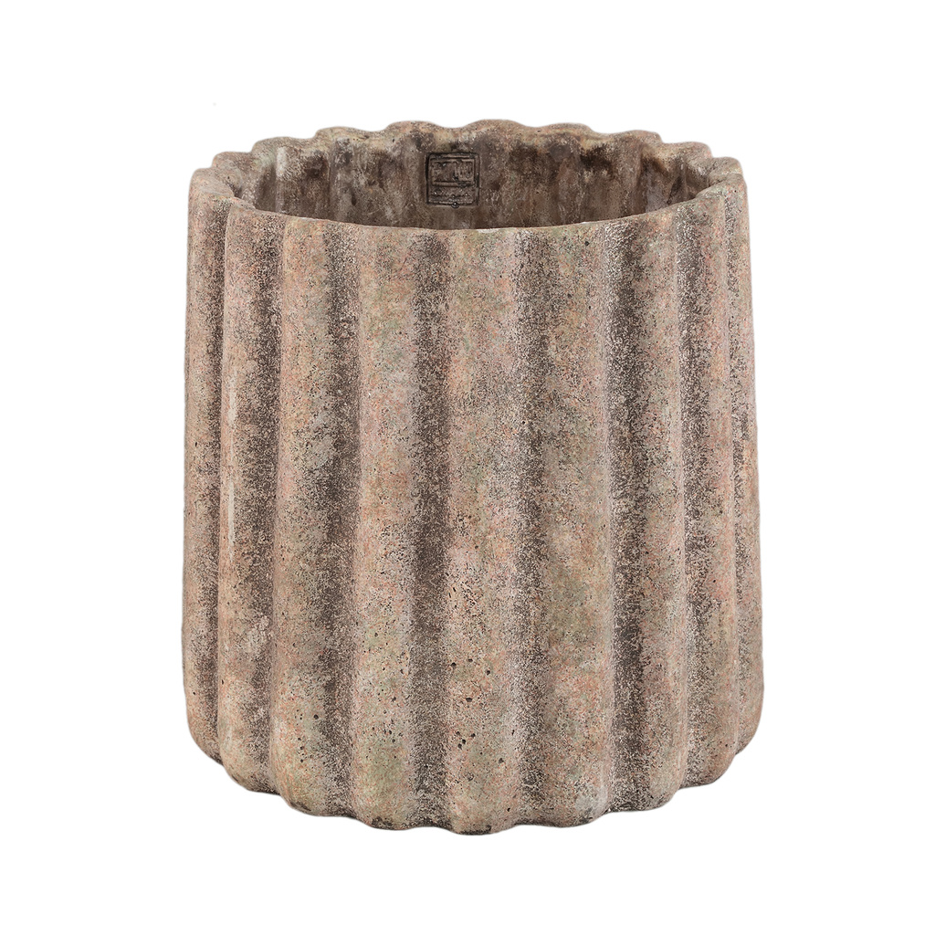 PTMD Jaydean Grey cement pot met geribbelde structuur rond XXL.