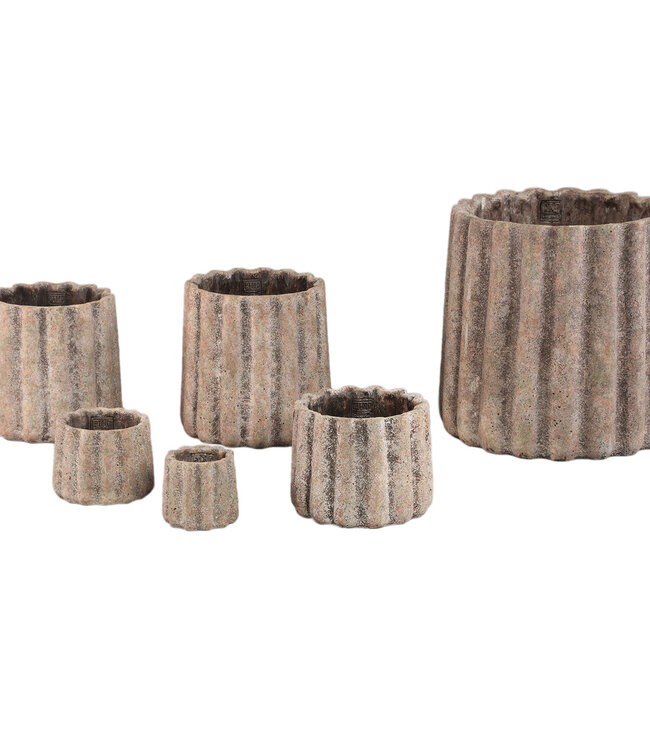 PTMD Jaydean Grey cement pot met geribbelde structuur rond XXL.