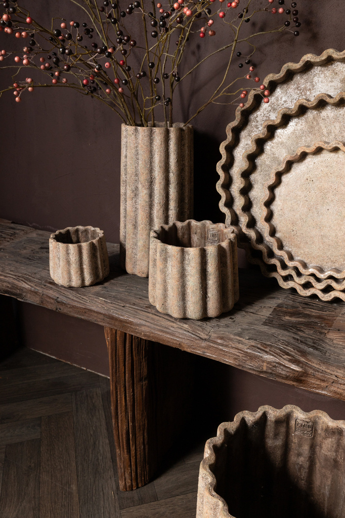 PTMD Jaydean Grey cement pot met geribbelde structuur hoog L