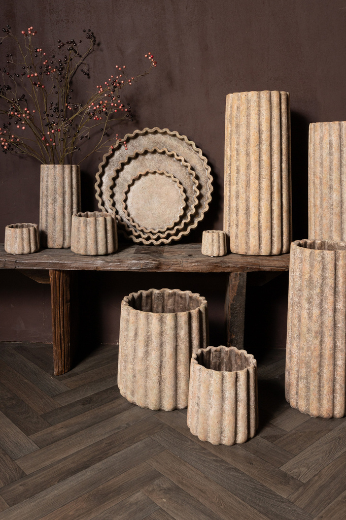 PTMD Jaydean Grey cement pot met geribbelde structuur hoog L