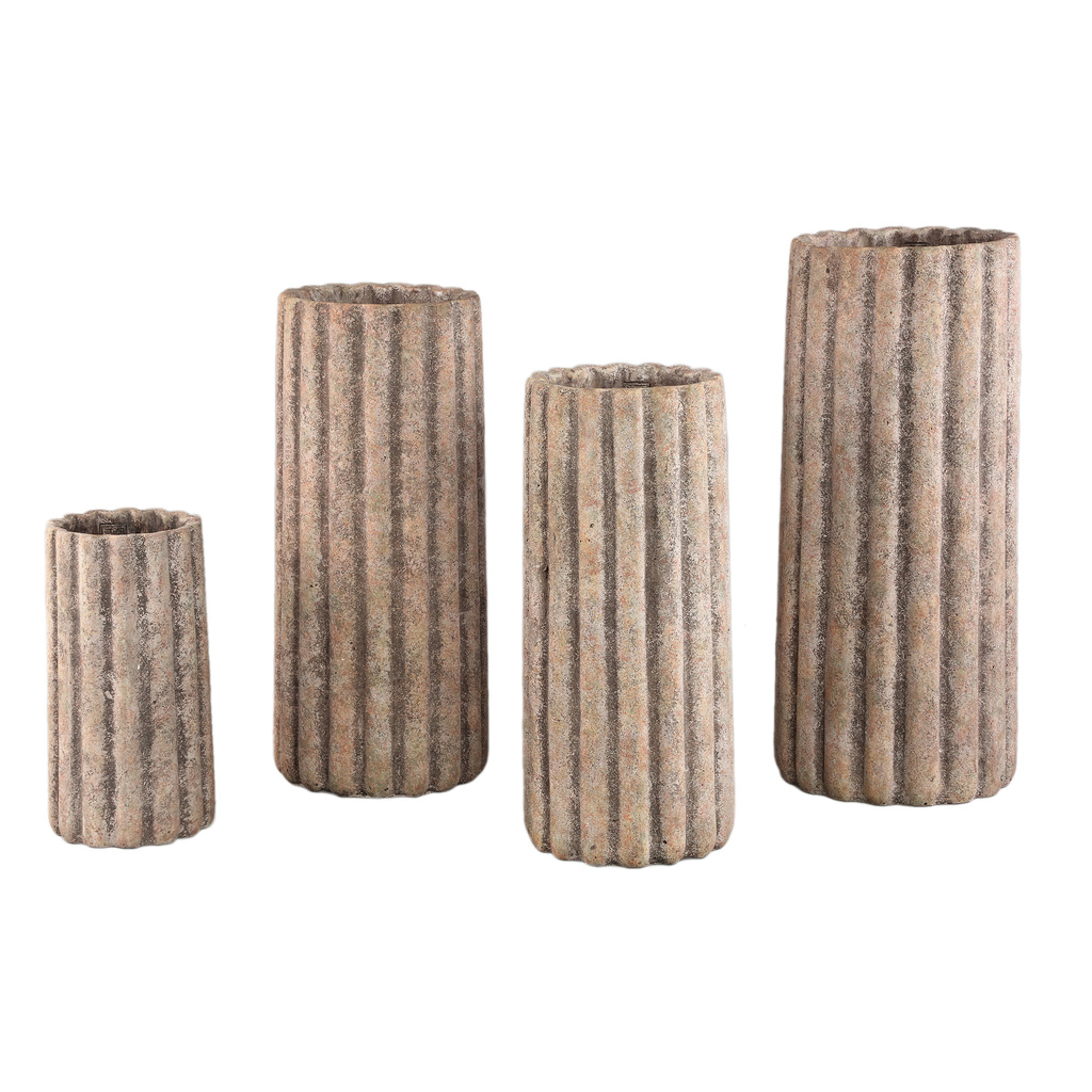 PTMD Jaydean Grey cement pot met geribbelde structuur hoog L