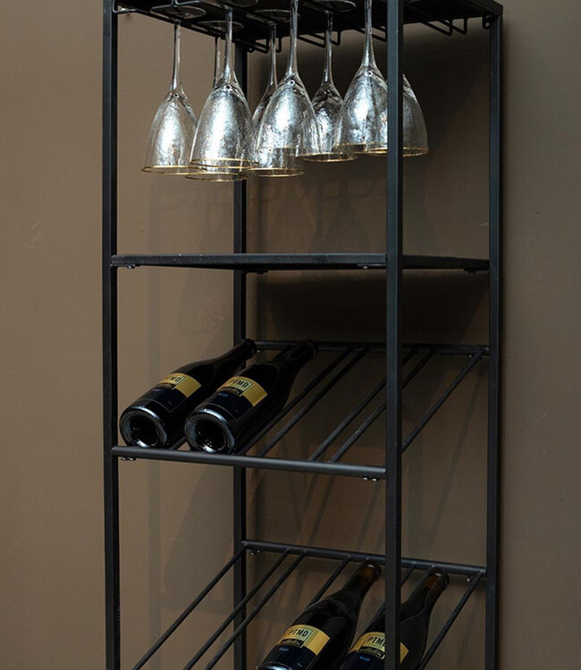 PTMD Zalig Zwart ijzeren wijnrek glazen en flessen rechthoekig.