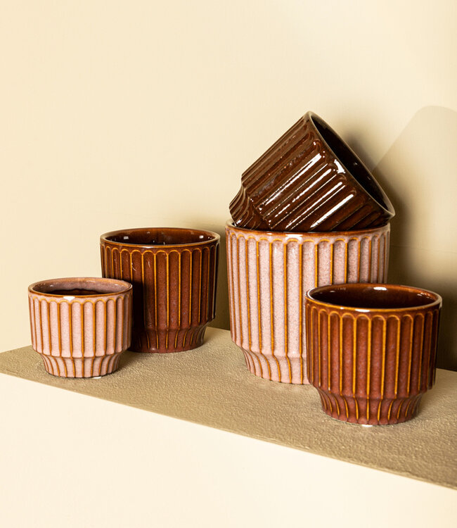 PTMD Hodor Bordeaux geglazuurde keramische ronde pot lijnen S