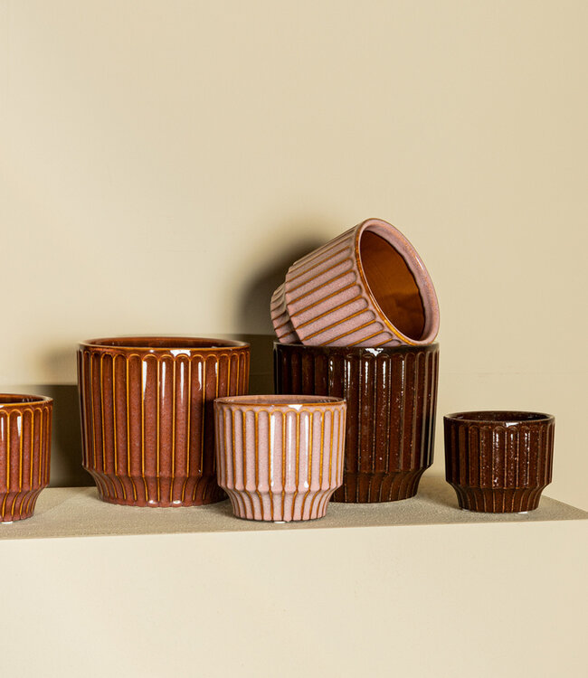 PTMD Hodor Bordeaux geglazuurde keramische ronde pot lijnen S