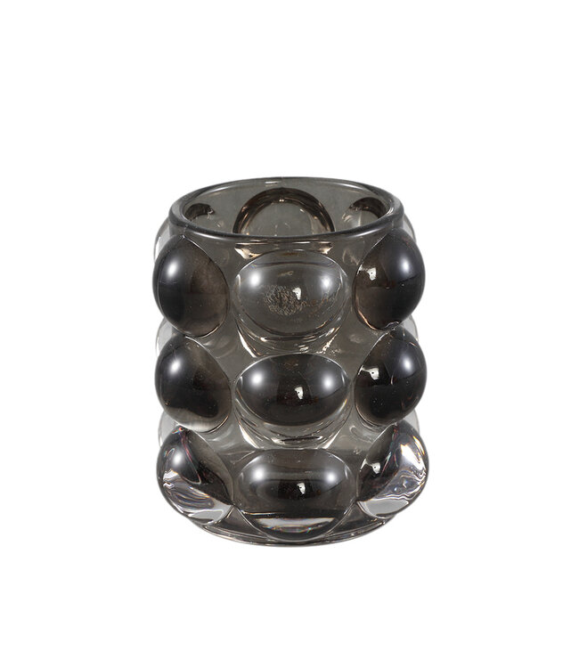 PTMD Lonnie Zwarte glazen theelichthouder rond met cirkels