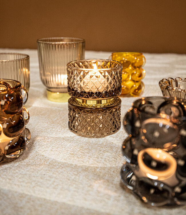 PTMD Lonnie Zwarte glazen theelichthouder rond met cirkels