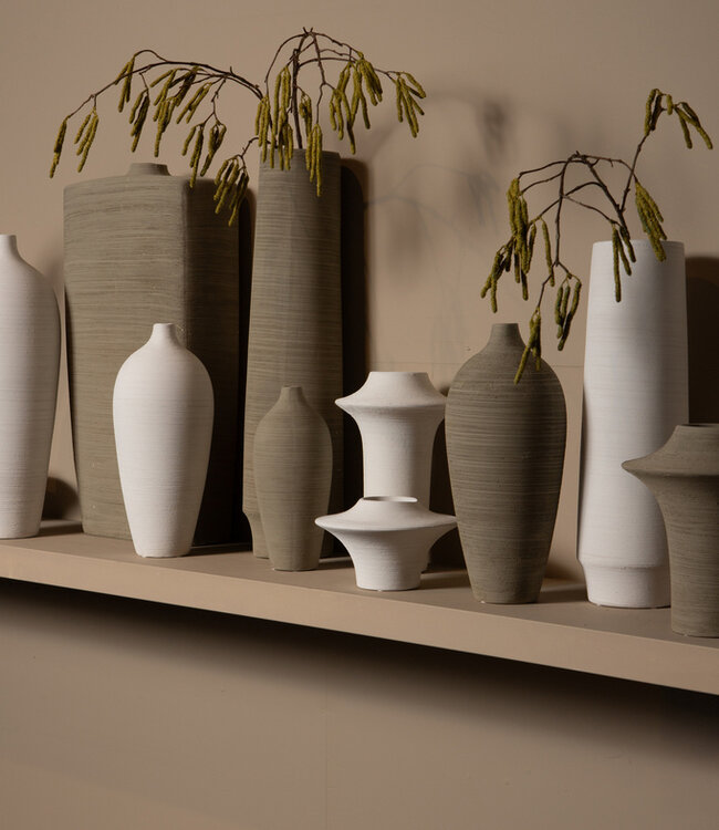 PTMD Runder Beige mat keramische brede ring vaas hoog S