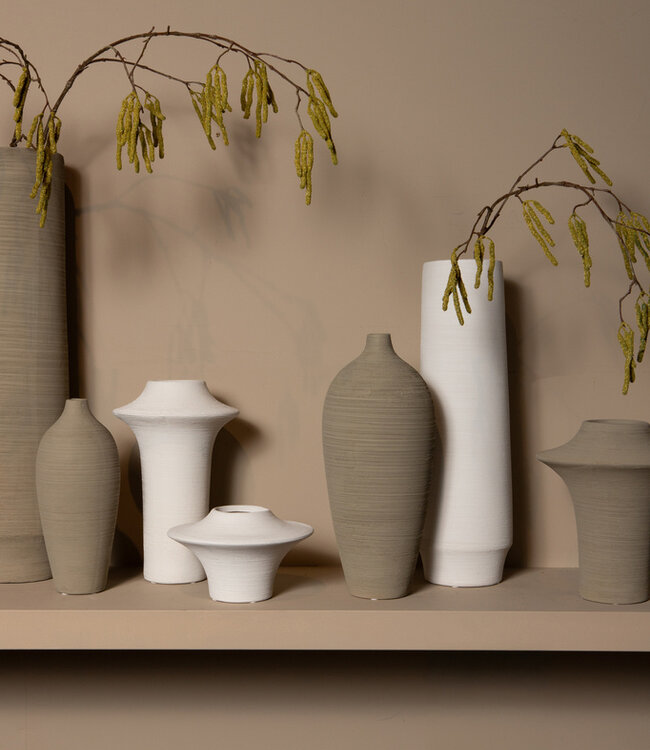 PTMD Runder Beige mat keramische brede ring vaas hoog S