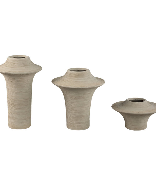 PTMD Runder Beige mat keramische brede ring vaas hoog S