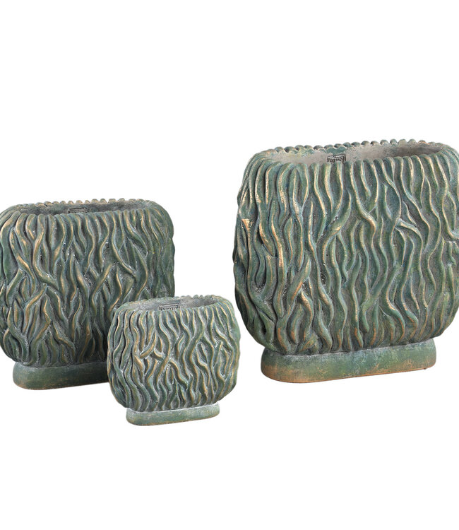 PTMD Brendan Groene cementen ovale pot met gouden afwerking gegraveerd M