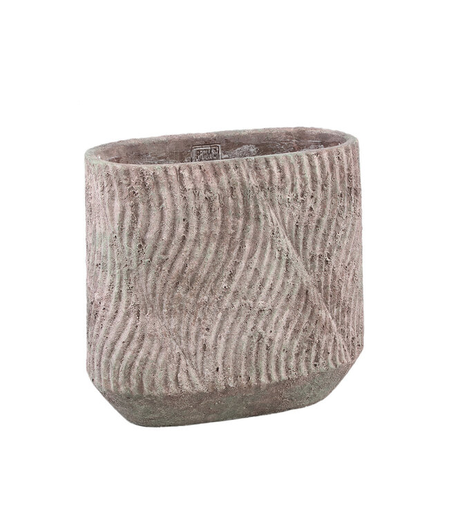 PTMD Diesel Grijze ovale cementen pot met golvende lijnen ruw M