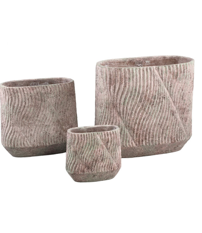 PTMD Diesel Grijze ovale cementen pot met golvende lijnen ruw M