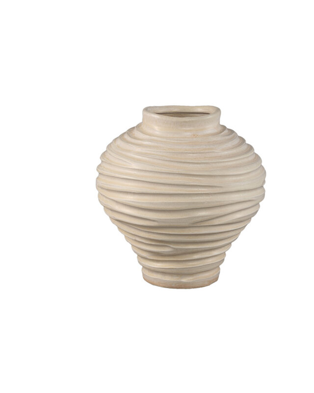 PTMD Mickie Beige ronde bolvormige keramische vaas geribbeld S