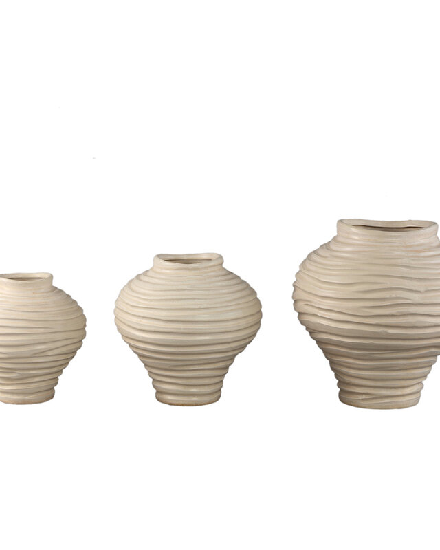 PTMD Mickie Beige ronde bolvormige keramische vaas geribbeld S
