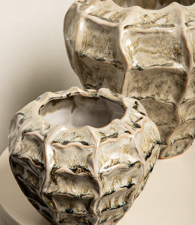 PTMD Cedric Cream keramische ronde golvende pot gemengde kleuren M