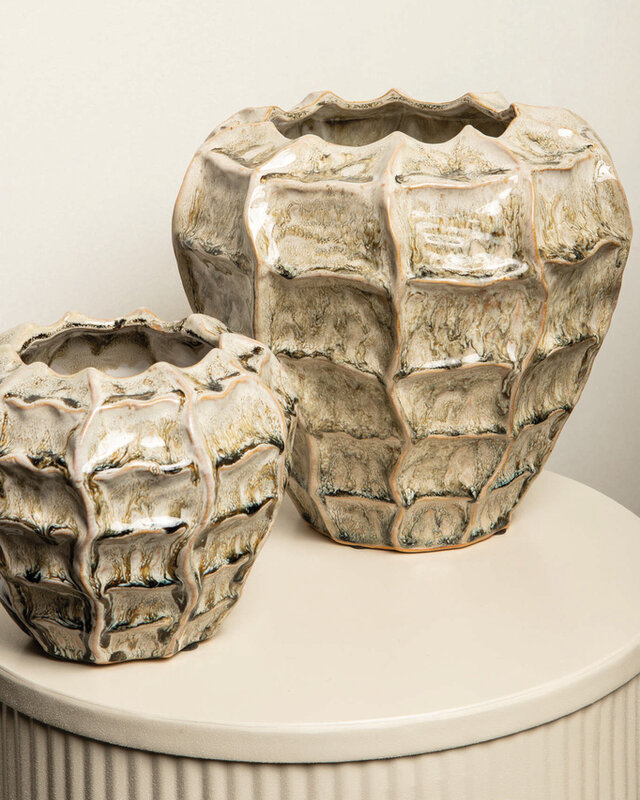 PTMD Cedric Cream keramische ronde golvende pot gemengde kleuren M