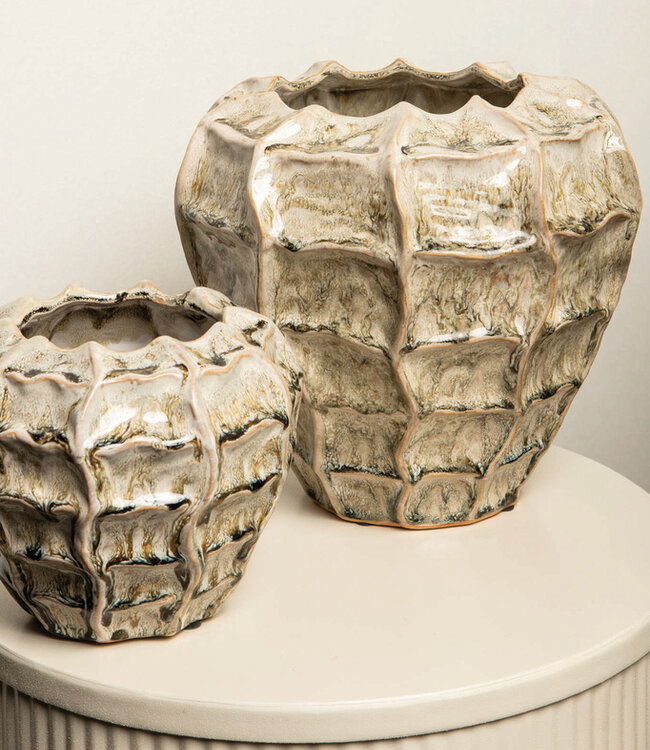 PTMD Cedric Cream keramische ronde golvende pot gemengde kleuren M