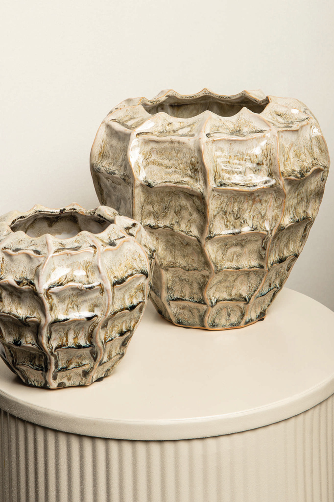 PTMD Cedric Cream keramische ronde golvende pot gemengde kleuren M