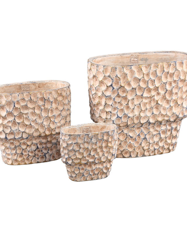 PTMD Liselot Bruine ovale cementen pot met gestempeld patroon M