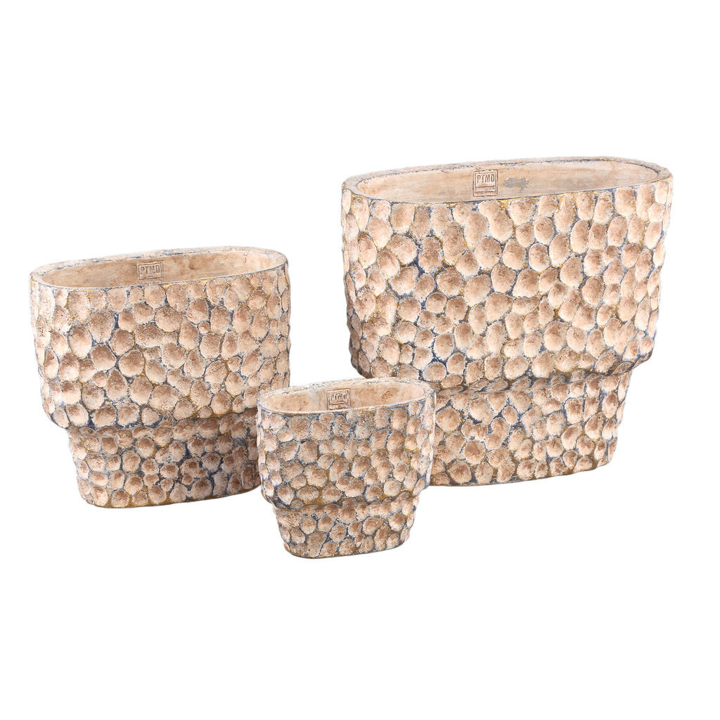 PTMD Liselot Bruine ovale cementen pot met gestempeld patroon M
