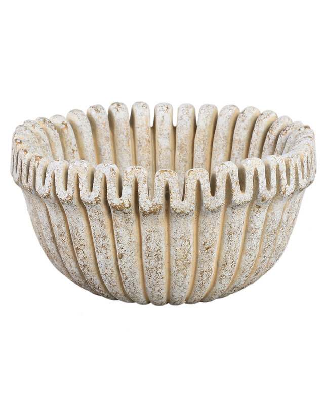 PTMD Raffay Crème cement ronde pot met geribbelde lijnen laag L.