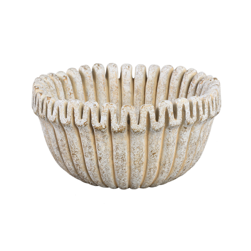 PTMD Raffay Crème cement ronde pot met geribbelde lijnen laag L.