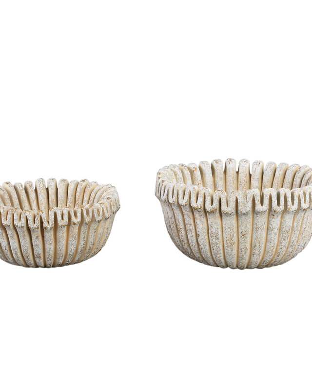 PTMD Raffay Crème cement ronde pot met geribbelde lijnen laag L.