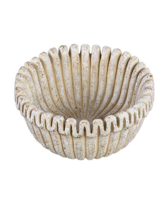 PTMD Raffay Crème cement ronde pot met geribbelde lijnen laag L.
